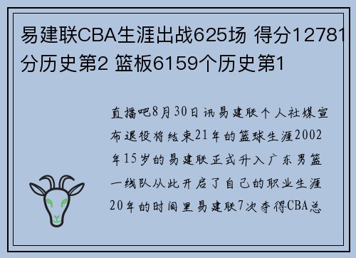 易建联CBA生涯出战625场 得分12781分历史第2 篮板6159个历史第1